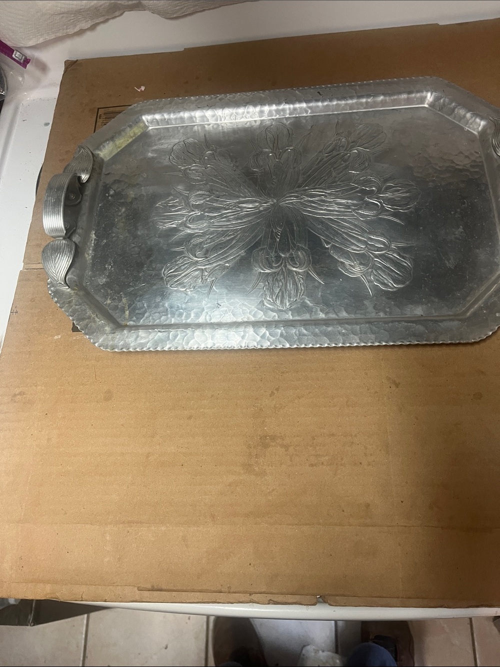 Decorative Hammered Metal Serving Tray - Silver MCM  Hand Wrought 19 7/8 inches